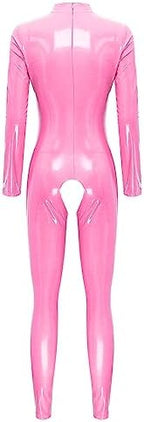 easyforever Women Sexy Hollow Out Bodysuit Lingerie Clubwear Patent Leather Invisible Zipper Latex Catsuit