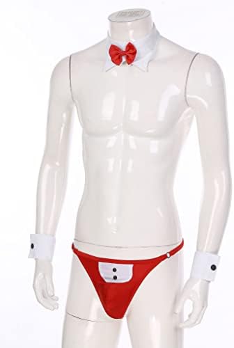 Lejafay 4Pcs Mens Waiter Lingerie Set Cosplay Tuxedo G-String Thong Underwear with Bow Tie Collar