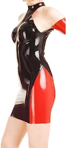 Red and Black Sexy Latex Dress with Back Zipper Glued Breasts Rubber + Gloves,Red and Black,l