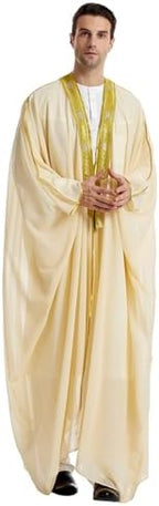 Muslim Thobe for Men Kaftan Robe Ramadan Abaya Prayer Dress Chiffon Open Front Embroidered Cardigan Islam Dubai Thobe Kimono