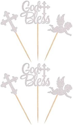 24 Pack God Bless Cupcake Toppers Glitter Cross Angel Cupcake Picks Religious Faith God Bless Cupcake Decorations Theme Baby Shower Kids Birthday Party Cake Decorations Supplies Silver
