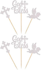 24 Pack God Bless Cupcake Toppers Glitter Cross Angel Cupcake Picks Religious Faith God Bless Cupcake Decorations Theme Baby Shower Kids Birthday Party Cake Decorations Supplies Silver