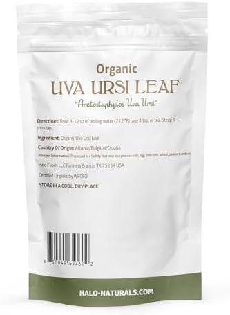Halo Naturals Organic Uva Ursi Leaf Cut & Sifted, 4 Ounces (Arctostaphylos uva ursi) USDA Certified | Resealable Pouch| Packaged in The USA