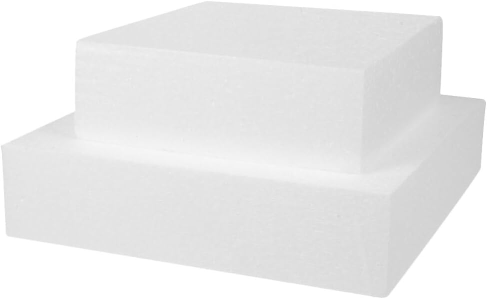ABOOFAN Square Foam Cake Model Set 9.84X9.84X2.75In Lightweight Reusable Dummy Cakes for Practicing Decorating Wedding Birthday Holiday Diy