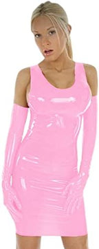 Plus Size PVC Mini Tank Dress Sexy PU Patent Leather Sheath Dress Mini Low Cut Slim Latex Nightclub Dresses with Gloves,Light Pink,S