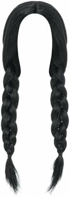 HMPRT Halloween Costumes for Women - White Collar Long Sleeve Black Dress, Black Braided Wig and Sock