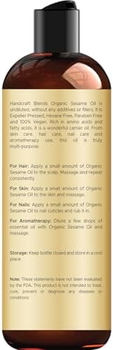 Handcraft Blends Organic Sesame Oil - 8 Fl Oz - 100% Pure and Natural - Premium Grade Carrier Oil for Skin and Hair - Hair and Body - Massage - Expeller-Pressed and Hexane-Free
