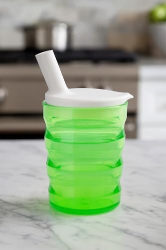 Rehabilitation Advantage Long Spout Feeding Cup, Green – 5.25” Tall, Ergonomic Grooves, Spill-Resistant Lid with 1.5” Spout, Lightweight, Dishwasher & Microwave Safe