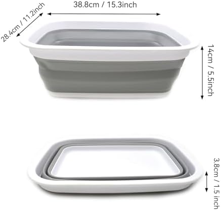 SAMMART 9.2L (2.37Gallon) Collapsible Wash Basin - Foldable Outdoor Picnic Basket - Portable Plastic Tub - Space Saving Storage Container with Size : 15.3 x 11.2 x 5.5/1.5" (M, Gray)