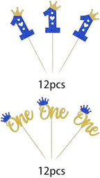 24 Pack First Birthday Cupcake Toppers Glitter One Crown Heart Cupcake Picks Baby Shower 1st Birthday Kids Cake Decorations Party Supplies Blue Gold