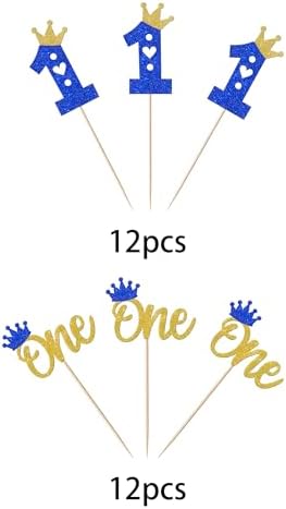 24 Pack First Birthday Cupcake Toppers Glitter One Crown Heart Cupcake Picks Baby Shower 1st Birthday Kids Cake Decorations Party Supplies Blue Gold