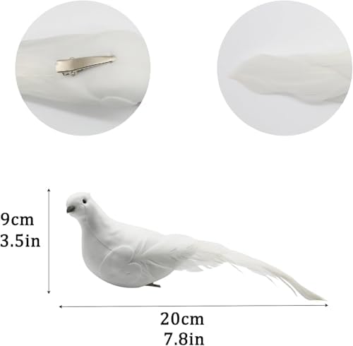 4pcs White Peace Doves Love Birds 8-Inch Clip on Feathered Birds Ornaments for Christmas Tree Decorations Wedding Cake Centerpieces Bird Cage Wreath Crafts Floral Arrangement