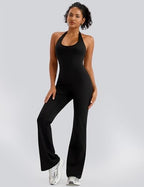 Relety Womens Flare Jumpsuits One Piece Halter Neck Twist Back Sleeveless Butt Scrunch Workout Romper Yoga Bodycon Unitard