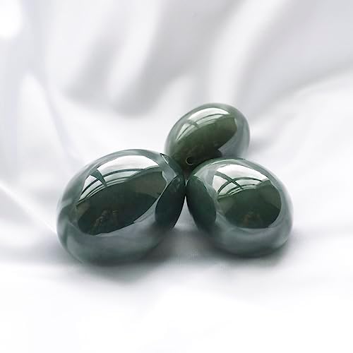 Nephrite Jade Stone Eggs 3-Piece Set – Large, Medium & Small | Side-Drilled, Smooth Hand-Polished Natural Stone with String, Cleaning Brush, Instructions & Certificates | Polar Jade
