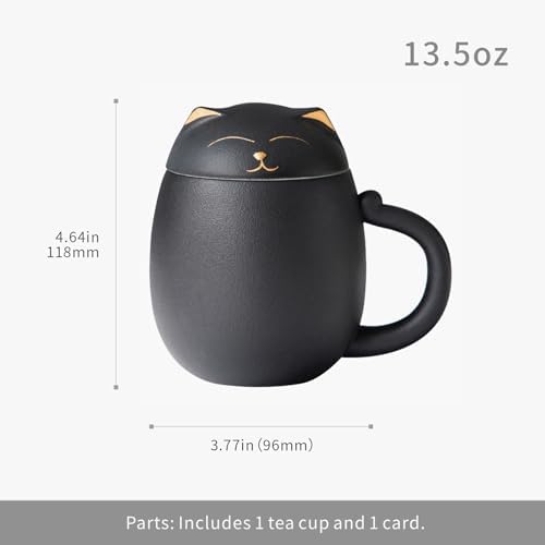 HEER Cat Tea Cup with Infuser and Lid - 13.5oz Ceramic Tea Mug - Cat Lover Gift for Friends Family. (Black)