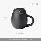 HEER Cat Tea Cup with Infuser and Lid - 13.5oz Ceramic Tea Mug - Cat Lover Gift for Friends Family. (Black)