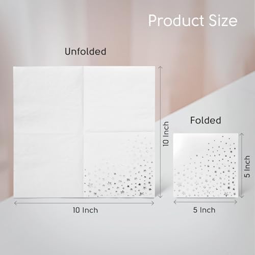 Stylish Silver Cocktail Napkins, 100 3 Ply White and Silver Napkins for Wedding Reception, 5x5 Inch Star Napkins, Paper Cocktail Napkins for Party, Bridal Shower Napkins or Party Napkins