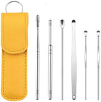 Ear Care Tool Kit, 6 Piece Stainless Steel Earpick Set with Yellow Leather Case, Ear Wax Removal Cleaner Spoon for Baby and Adults