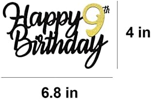 Happy 9th Birthday Cake Toppers Glitter 9th Anniversary Cake Topper 9 Years Loved Bday Decorations 9 Gold Birthday Cake Decorations Nine Party Supplies for Women Men(Black Gold)