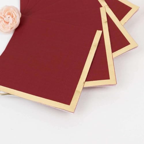 100 Count Burgundy 2-Ply Paper Beverage Napkins with Gold Foil Edge, Soft Disposable Cocktail Napkins 18 GSM - 5"x5"