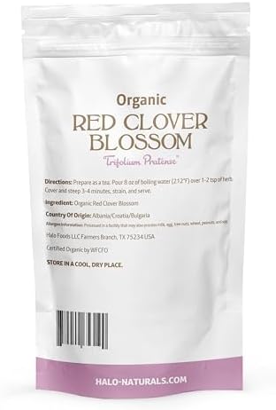 Halo Naturals Organic Red Clover Blossom Whole, 4 Ounces (Trifolium pratense) USDA Certified | Resealable Pouch| Packaged in The USA (Pack of 1)