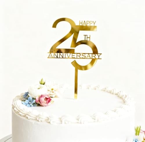 Happy 25th Anniversary Cake Topper, Gold Acrylic Wedding Anniversary Cake Decoration for 25th Company Anniversary Party Decoration Cake Decor Supplies