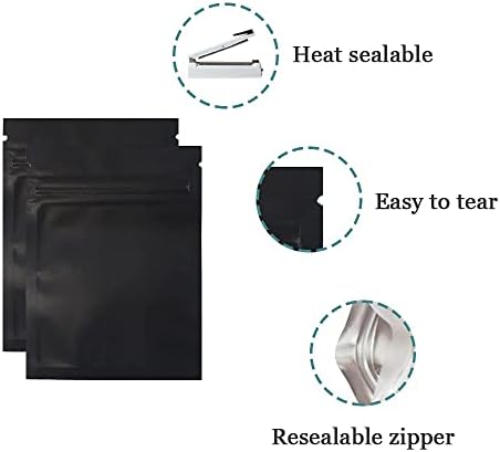 FERENLI 100 Pcs Mylar Zipper Lock Bag Food Storage Matte Foil Airtight Bags with Front Window Plastic Candy Packaging Pouch for Zip Flat Heat Seal Lock Resealable (7.5x10cm (3x3.9 inch), Black)