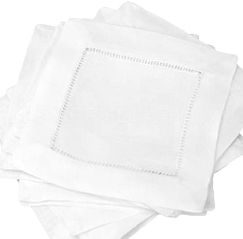CleverDelights White Hemstitch 6" Cocktail Napkins - 12 Pack - 55/45 Linen Cotton Blend