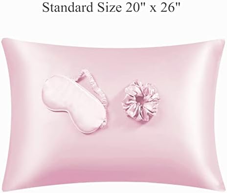 Satin Pillowcase for Hair and Skin, Vegan Silk Pillowcase Set-2 Pink Satin Pillowcases, 1 Eye Mask, 1 Scrunchie-Luxury Sleep Set, Silky Standard Satin Pillow Cases with Envelope Closure