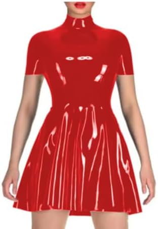 Woman PVC Leather Mini Dress Short Sleeve Faux Latex Leather Club Pleated Dresses