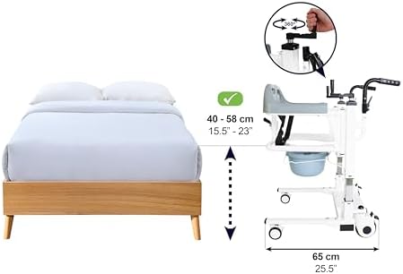 KMINA Patient Transfer Chair (Seat can be Raised up to 23 in), Commode Toilet Chair with Wheels, Bedside Chairs for Elderly - Not Suitable for Shower