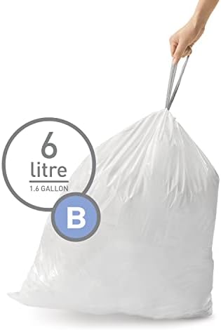 simplehuman Code B 150 Count, Dispenser Packs Custom Fit Liners, Drawstring Trash Bags, 6 Liter / 1.6 Gallon, White