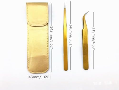2PCS Stainless Steel Gold Tweezers Straight and Curved Head Tweezers with Leather Case for Eyelash Extension