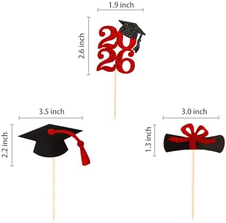 Class of 2026 Red Glitter Graduation Cupcake Topper, Food/Appetizer Picks for Graduation Party (24pcs)