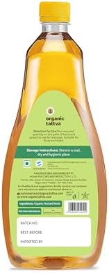 Organic Tattva Cold Pressed Mustard Oil (1 Litre) - Fresh Unrefined Organic Mustard Oil for Hair, Skin Care and Massage - Omega 3 Rich - No Added Preservatives - USDA Certified