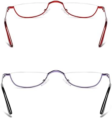 KoKoBin Half Reading Glasses - 2 Pairs Half Rim Metal Frame Glasses Spring Hinge Readers with Leather Pouch for Men and Women (Red+Purple, 2.50)