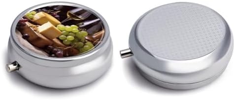 White Wine Cheese Cake Grapes Round Pill Box Unique 3 Compartment Pill Case Portable Fish Oil Cases Cute Small Round Pill Boxes with Mirror for Vitamins Medication Supplements