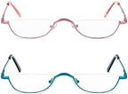 Half Reading Glasses,2 Pack Half Rim Metal Frame Glasses Spring Hinge Readers with Leather Pouch for Men and Women (Blue+Pink,2.50)