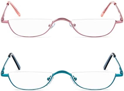 KoKoBin Half Reading Glasses,2 Pack Half Rim Metal Frame Glasses Spring Hinge Readers with Leather Pouch for Men and Women (Blue+Pink,2.50)