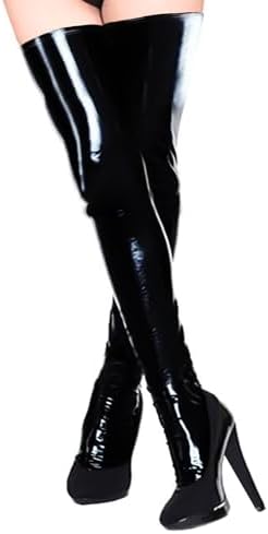 Luwint Shiny Thigh High Stockings, Black Glossy Wet Look, PU Leather, Over Knee Long Stocking Sock for Costume, Rave Party