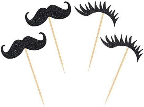 24 PCS Black Glitter Beard Eyelashes Cupcake Toppers Mini Moustaches Lashes Adult Ceremony Birthday Celebration Wedding Baby Shower Anniversary Party Cake Dessert Decorations Supplies Picks
