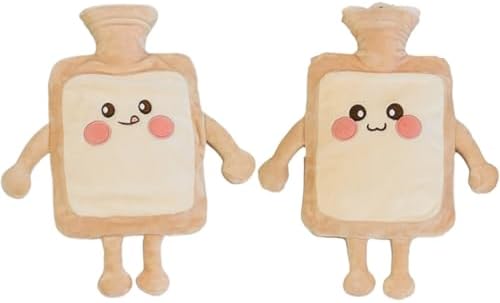 Hot Water Bottle 1000ML Hot Water Bag Hot Pack with Cute Toast Bread Plush Cover Large Rubber Hot Water Bottles Hand Warmer for Pain Relief Gift Rubber Water Bottle for Women, Girls