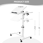 Overbed Table with Wheels Adjustable Height, Tiltable Desktop with Tray, Over Bed Table Rolling Bedside Tables, Medical Mobile Standing Desk, for Hospital Office Bedroom Sofa, White