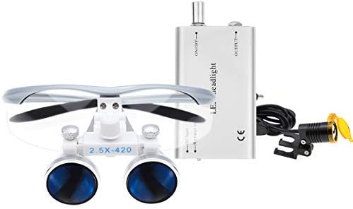 EustomA 2.5X Binocular Loupes Optical Glasses +3W LED Headlight Lamp with Filter + Aluminum Box Silver