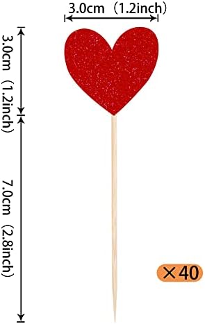 40 Pack Red Heart Cupcake Toppers Glitter Love Heart Valentine Cupcake Picks for Valentine's Day Theme Wedding Engagement Bridal Shower Birthday Party Cake Decorations Supplies