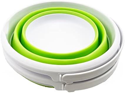 SAMMART Set of 2-5.5L (1.4 gallons) Collapsible Plastic Bucket - Foldable Round Tub with Hanle - Portable Fishing Bucket - Pop Up Saving Outdoor Waterpot. (White/Grass Green (Set of 2))
