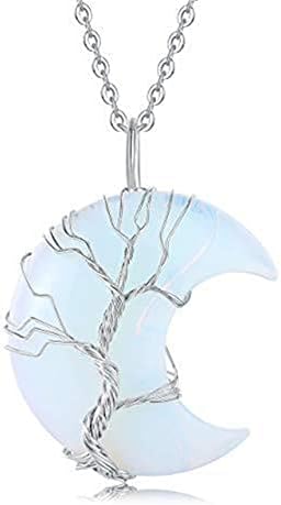 Tree of Life Crescent Moon Necklace Natural Quartz Amethyst Healing Crystal Energy Stone Pendant Wire Wrap Gemstone Chain Spiritual Jewelry Gift for Women Men