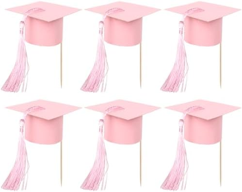 24 PCS 2026 Graduation Cap Cupcake Toppers with Tassel Congrats Grad Cap Class of 2026 Cupcake Picks Mini Graduation Caps Decorations for 2026 School Graduate Party Cake Decorations Supplies Pink
