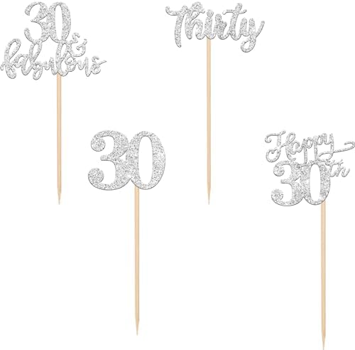 Rsstarxi 24 Pack Happy 30th Birthday Cupcake Toppers Glitter Thirty 30 Fabulous Cupcake Food Picks for 30th Birthday Wedding Anniversary Party Cake Decorations Silver