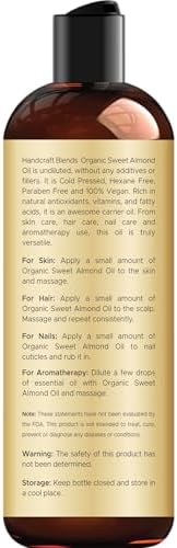 Handcraft Blends Organic Sweet Almond Oil | 100% Pure and Natural | Bath & Body Oil | Premium Grade Carrier Oil | Skin | Hair | Body | Massage | Hexane-Free | 8 Fl Oz